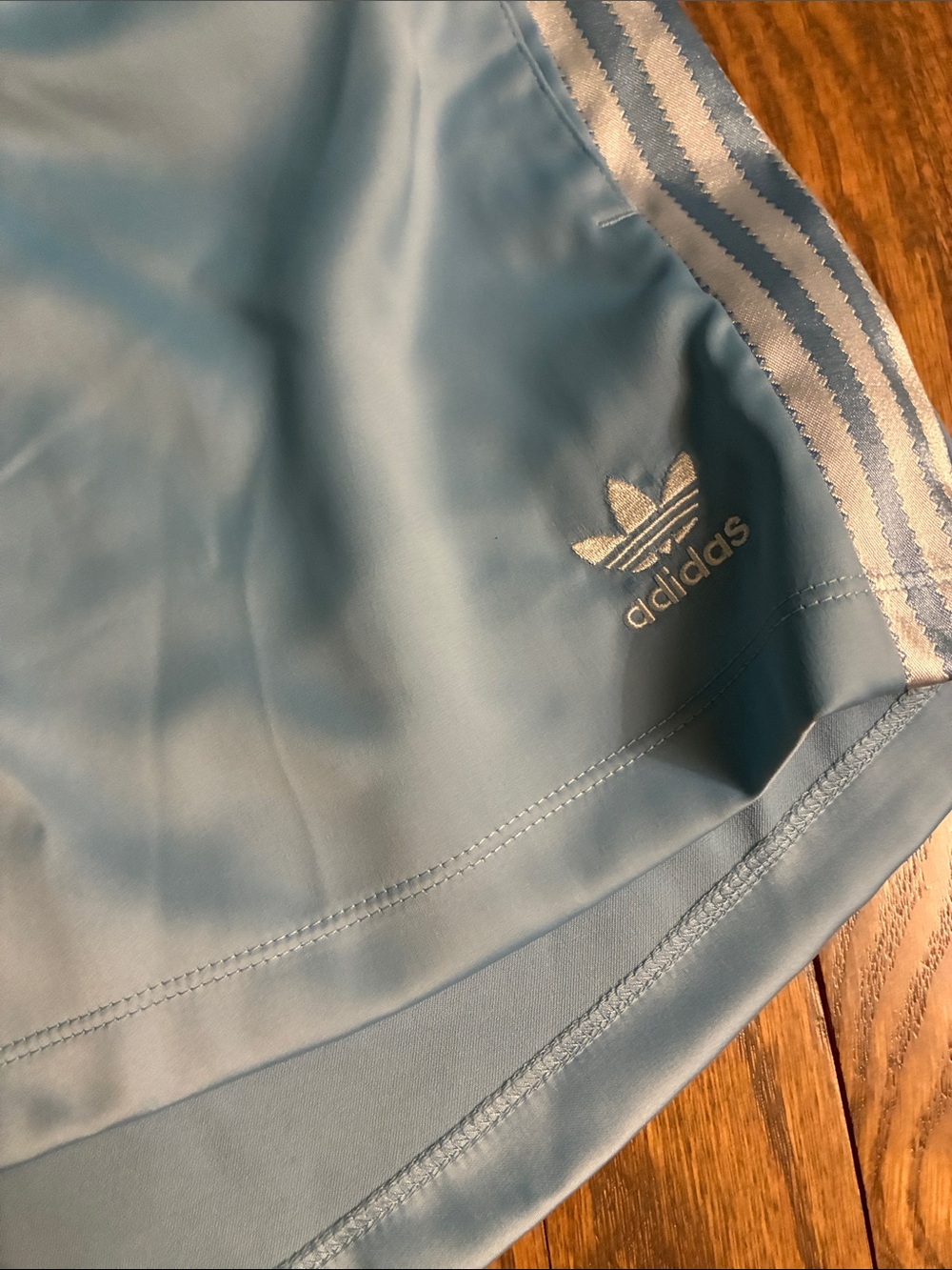 Adidas Baby Blue Satin Three-Stripe Athletic Shorts NWT - Picture 2 of 4